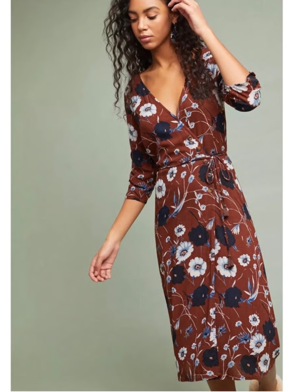Faithfull The Brand Anne Marie Aberdeen Floral Midi Wrap Dress Brown Size 4
